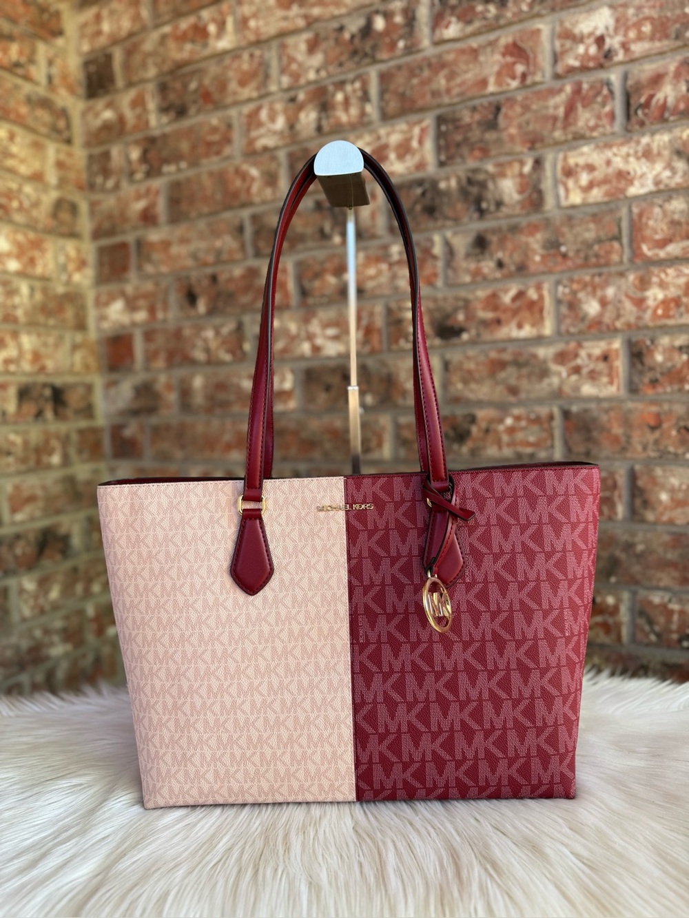 Michael Kors Two-Tone Pink & Burgundy MK Logo Tote with Gold Accent